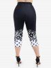 Plus Size Polka Dot Floral Print Capri Leggings -  