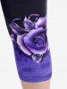 Plus Size Colorblock Rose Print Capri Leggings -  