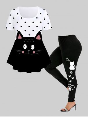 Polka Dot Cat Print Tee and High Rise Leggings Pus Size Outfit