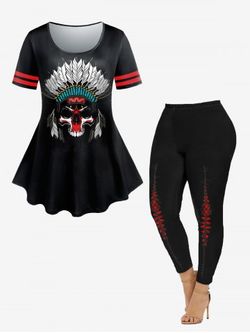 Tribal Skull Print Gothic Tee and Skinny Leggings Plus Size Outfit - BLACK