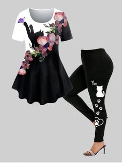 Cat Floral Print Tee and Skinny Leggings Plus Size Outfit - BLACK