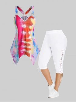 Tie Dye O Ring Handkerchief Top and Leggings Plus Size Outfit - WHITE