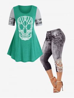 Lace Skull Sequin Swing Tee and 3D Lace Up Jean Printed Leggings Plus Size Summer Outfit - LIGHT GREEN