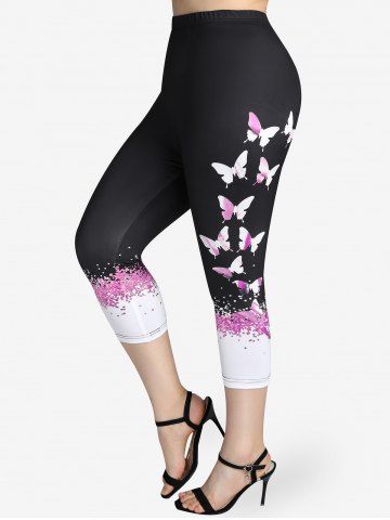 Plus Size High Waist Butterfly Print Skinny Capri Leggings - LIGHT PINK - 2X | US 18-20