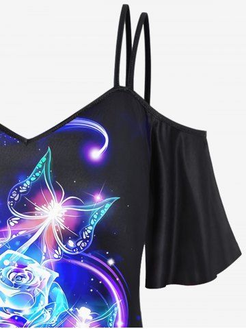 3D Sparkles Roses Butterfly Printed Cold Shoulder Tee and High Waist Butterfly Print Cropped Leggings Plus Size Outfit