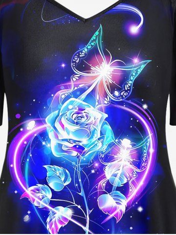 3D Sparkles Roses Butterfly Printed Cold Shoulder Tee and High Waist Butterfly Print Cropped Leggings Plus Size Outfit