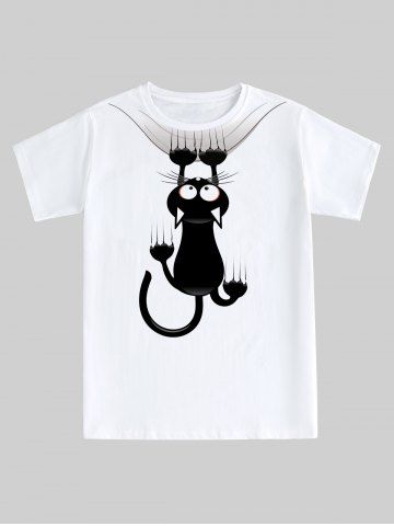 Unisex Cartoon Cat Print Tee - WHITE - L