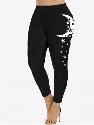 Plus Size Moon Stars Printed Skinny Leggings - BLACK - 1X | US 14-16
