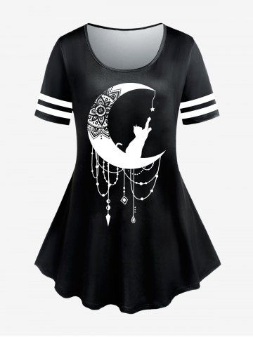 Plus Size Cat Moon Printed Two Tone T Shirt - BLACK - 5X | US 30-32