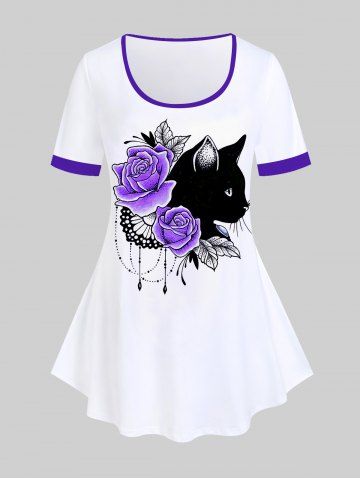 Plus Size Rose Cat Printed Short Sleeves Ringer Tee