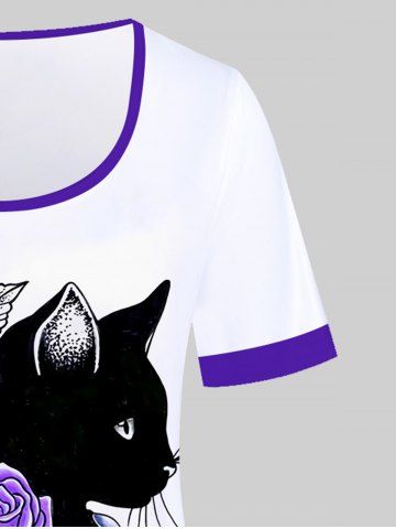 Plus Size Rose Cat Printed Short Sleeves Ringer Tee