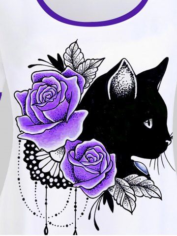 Plus Size Rose Cat Printed Short Sleeves Ringer Tee