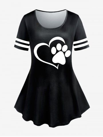 Plus Size Cat Paw Heart Printed Short Sleeves Tee - BLACK - 2X | US 18-20