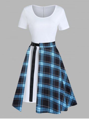 Solid Color Short Sleeve Longline T Shirt and Vintage Plaid Print Slit A Line Midi Skirt Outfit - WHITE - XXXL