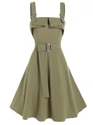 Solid Color Casual Square Ring Belted Foldover Adjustable Strap A Line Mini Dress - DEEP GREEN - XXL