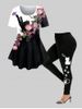 Costume de T-shirt à Imprimé Chat Floral de Grande Taille et Legging Moulant - Noir 