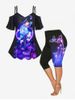 3D Sparkles Roses Butterfly Printed Cold Shoulder Tee and High Waist Butterfly Print Cropped Leggings Plus Size Outfit -  