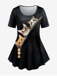 Plus Size Short Sleeves Zipper Cats Print Tee -  