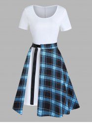Solid Color Short Sleeve Longline T Shirt and Vintage Plaid Print Slit A Line Midi Skirt Outfit -  