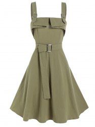 Solid Color Casual Square Ring Belted Foldover Adjustable Strap A Line Mini Dress -  