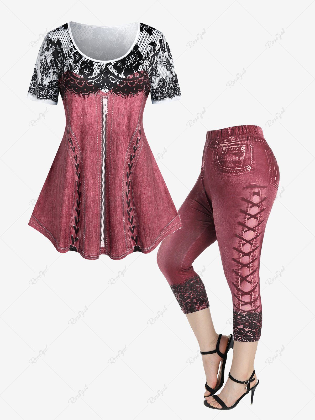 Affordable 3D Lace Denim Print Tee and Capri Jeggings Plus Size Summer Outfit  