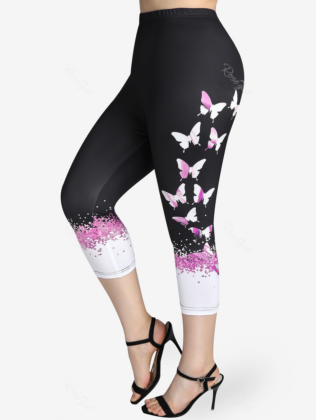 Fashion Plus Size High Waist Butterfly Print Skinny Capri Leggings  