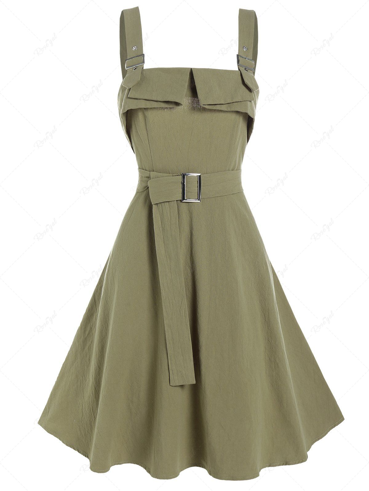 Store Solid Color Casual Square Ring Belted Foldover Adjustable Strap A Line Mini Dress  