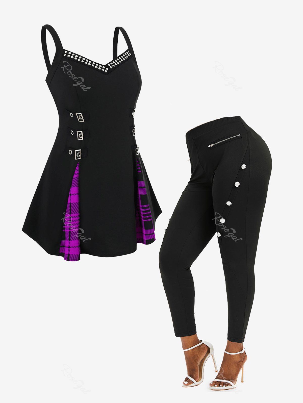 Online Buckle Rivet Plaid Insert Tank Top and Skinny Leggings Plus Size Outfit  