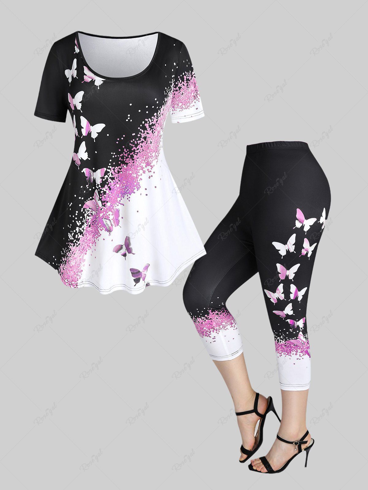 Discount Colorblock Butterfly Print Plus Size Summer Outfit  