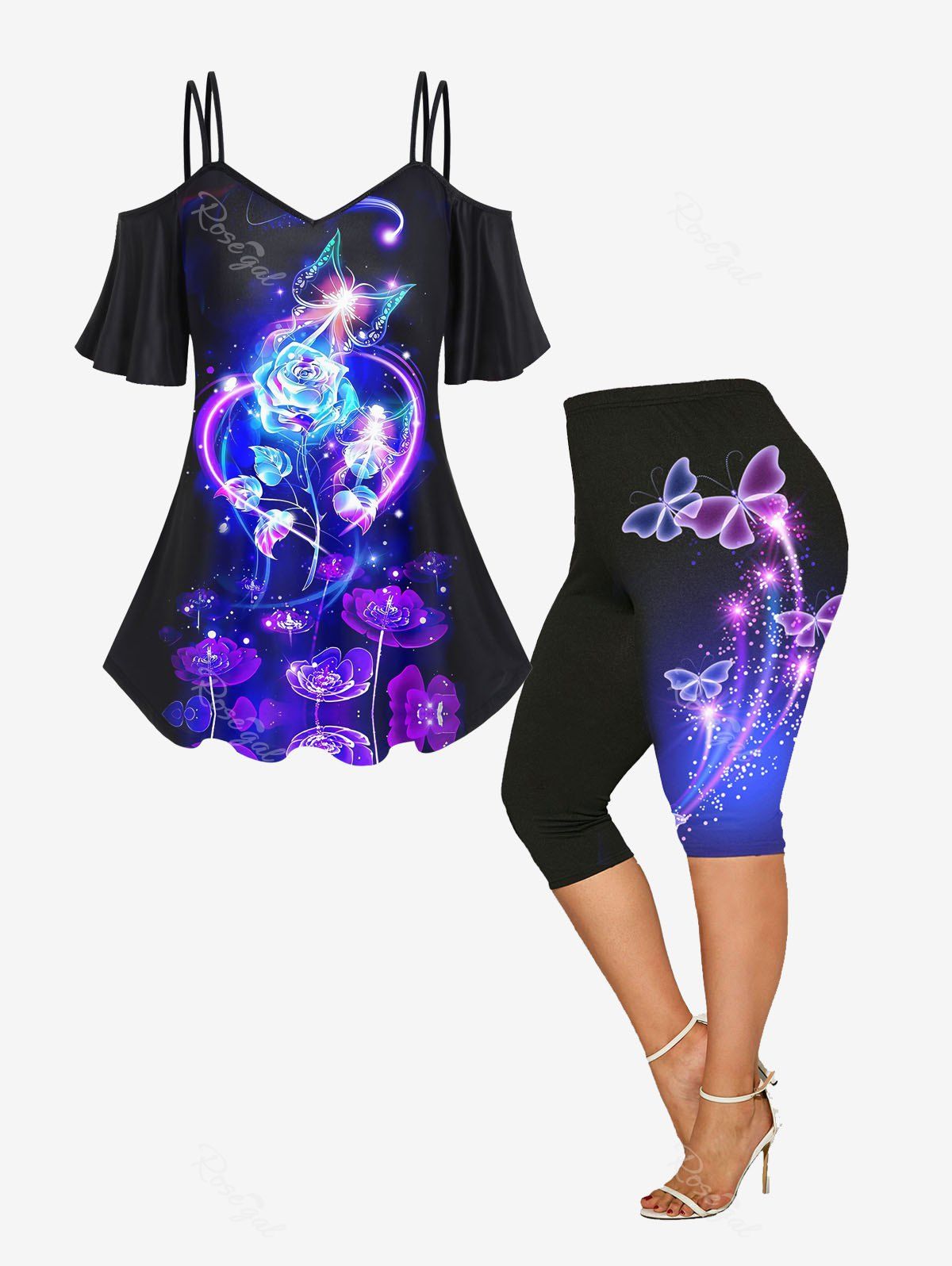Fashion 3D Sparkles Roses Butterfly Printed Cold Shoulder Tee and High Waist Butterfly Print Cropped Leggings Plus Size Outfit  