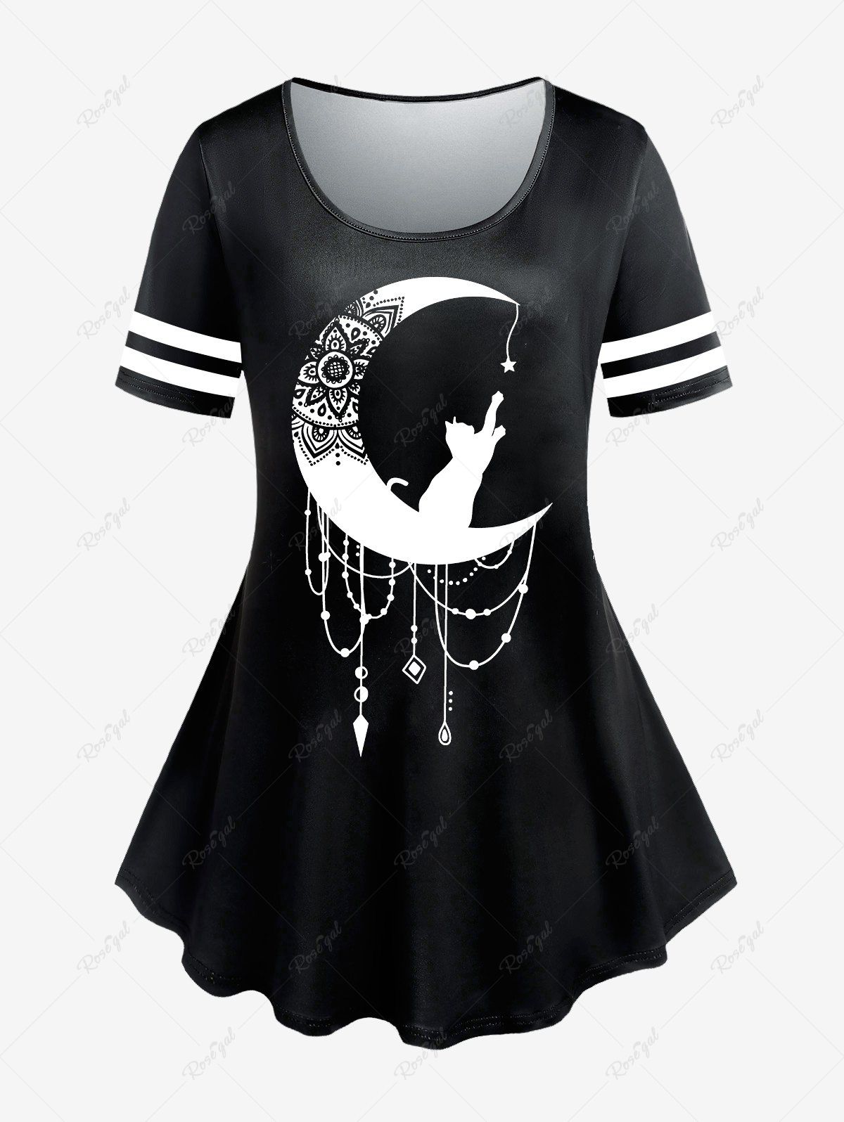 T-shirt Bicolore à Imprimé Chat et Lune de Grande Taille Noir 