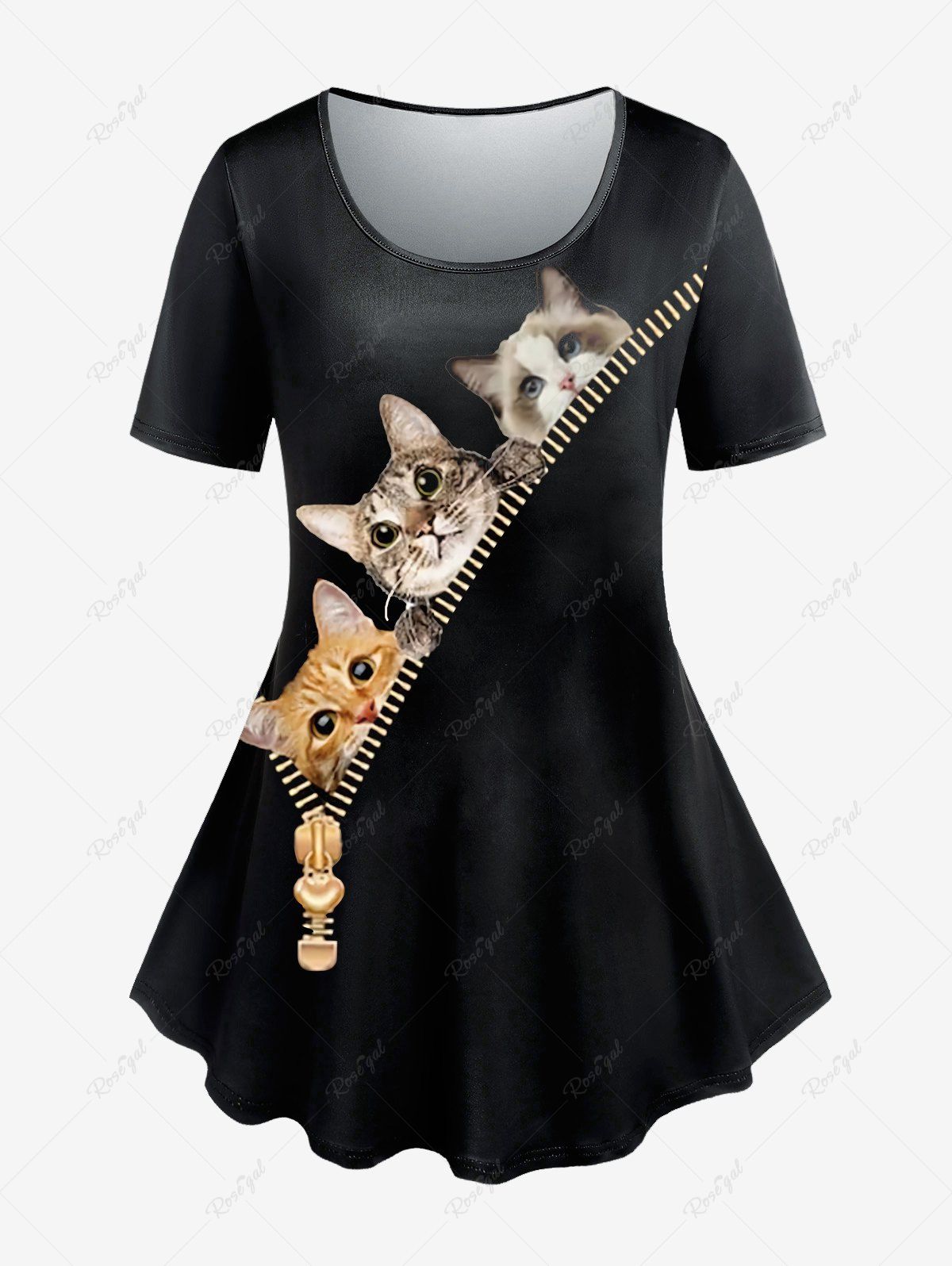 Fancy Plus Size Short Sleeves Zipper Cats Print Tee  