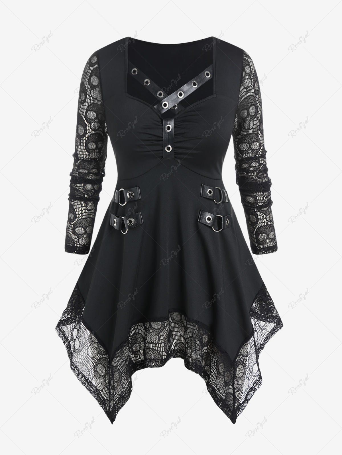 Latest Skull Lace Panel Handkerchief Gothic Tee  