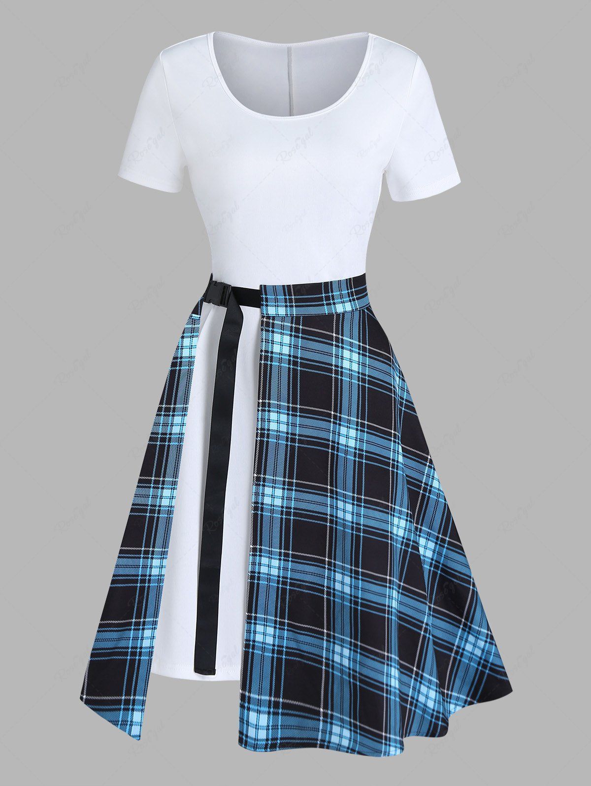 New Solid Color Short Sleeve Longline T Shirt and Vintage Plaid Print Slit A Line Midi Skirt Outfit  