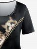 Plus Size Short Sleeves Zipper Cats Print Tee -  