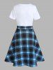 Solid Color Short Sleeve Longline T Shirt and Vintage Plaid Print Slit A Line Midi Skirt Outfit -  