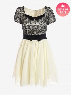 Plus Size Lace Panel Chiffon Mini A Line Dress - LIGHT YELLOW - 1X | US 14-16