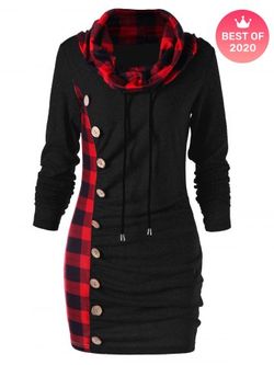 Plus Size Plaid Cowl Neck Long Sleeves Mini Sweatshirt Dress with Buttons - BLACK - M | US 10