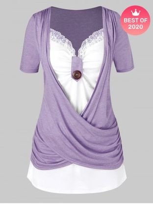 Plus Size Crossover Two Tone Knotted T Shirt