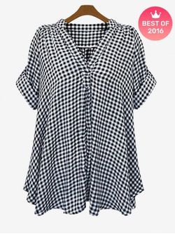 Plus Size V Neck Roll Up Sleeve Checked Blouse - BLACK - 3X | US 22-24