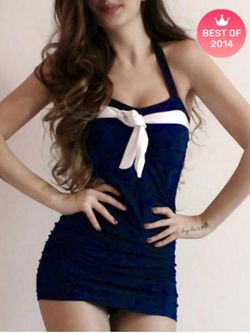 Plus Size Bowknot Backless Halter High Waist Swim Dress - DEEP BLUE - M | US 10