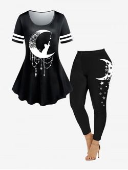 Cat Moon Printed Colorblock Tee and Skinny Leggings Plus Size Outfit - BLACK