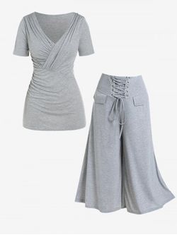 Ultimate Gray Ruched Surplice Tee and Lace Up Wide Leg Ninth Pants Plus Size Outfit - GRAY