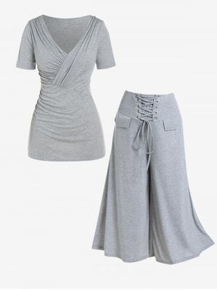 Ultimate Gray Ruched Surplice Tee and Lace Up Wide Leg Ninth Pants Plus Size Outfit