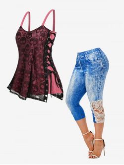 Gothic Skull Lace Overlay Tank Top and 3D Denim Print Capri Jeggings Plus Size Outfit - LIGHT PINK