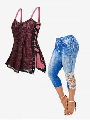 Gothic Skull Lace Overlay Tank Top and 3D Denim Print Capri Jeggings Plus Size Outfit