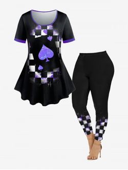 Cards of Spades Printed Ringer Tee and Heart Checkerboard Leggings Plus Size Outfit - BLACK