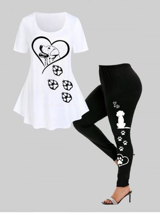 Dog Footprints T-shirt and High Waist Dog Paw Print Leggings Plus Size Outfit