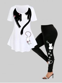 Cat Print Tee and High Waist Cat Paw Print Leggings Plus Size Summer Outfit - MULTI