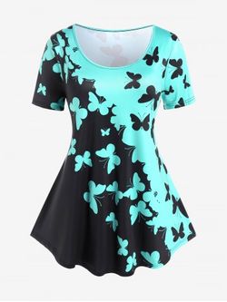 Plus Size Colorblock Butterfly Print Tee - GREEN - 2X | US 18-20